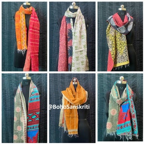 Vintage Cotton Kantha Scarf Set: Bohemian Reversible Stoles, Handmade image 7