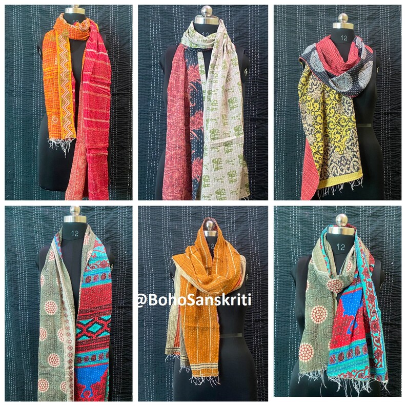 Vintage Cotton Kantha Scarf Set: Bohemian Reversible Stoles, Handmade image 7
