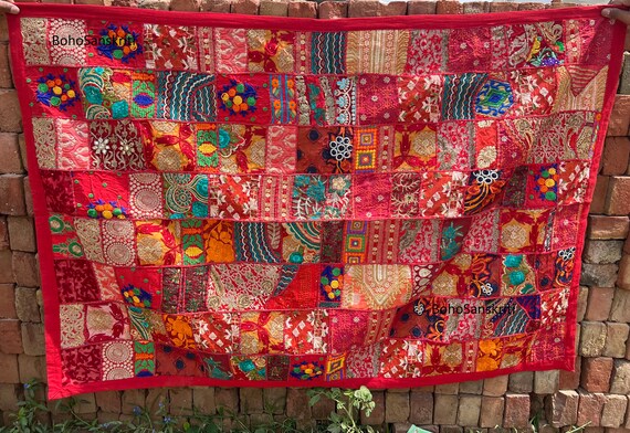 Tapisserie Indienne Patchwork - Murale Avec Perles Et Paillettes - 56x38 Cm