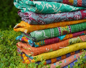 Indian Vintage Kantha Quilt Handmade Throw Reversible Cotton Blankets (Assorted Colors)