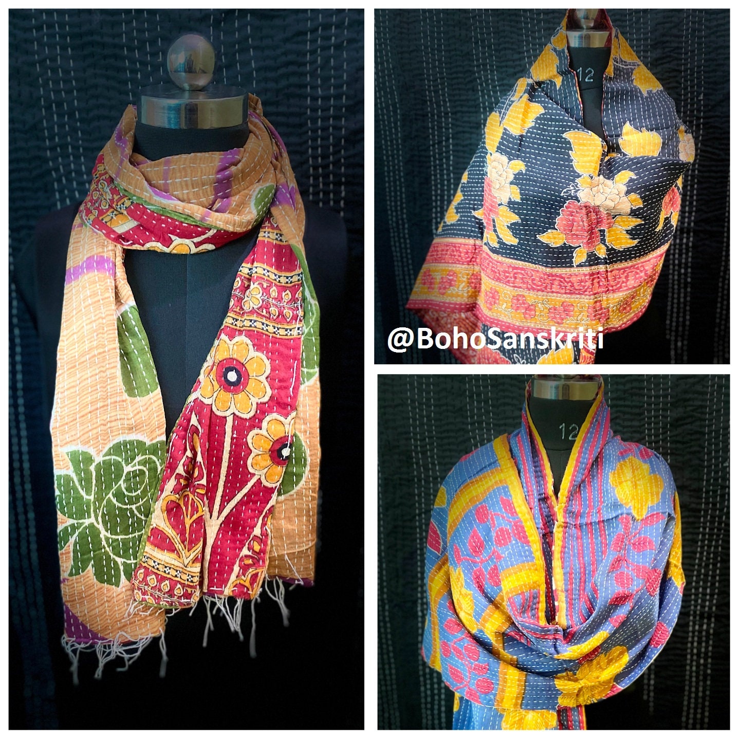 Wholesale Lot: Vintage Reversible Kantha Cotton Scarf, Handmade in
