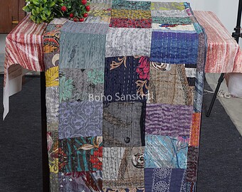 Gerecycleerde Indiase Sari Patchwork Deken, Handgemaakte Vintage Kantha Quilt