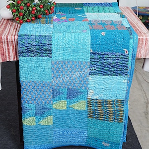 Turquoise Bohemian Silk Patchwork Quilt Kantha Quilt Handmade Vintage Quilts Boho Twin Size Bedding Throw Blanket Bedspread