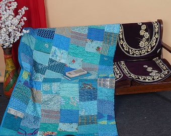 Vintage Kantha Quilt: Handmade Silk Patchwork Bedspread, Queen Size