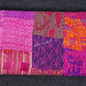 Bohemian Indian Silk Patchwork Kantha Quilt Boho Throw Blanket Bedspread Quilting Bedding Hippie Comforter Queen Handmade Quilts Vintage Pink