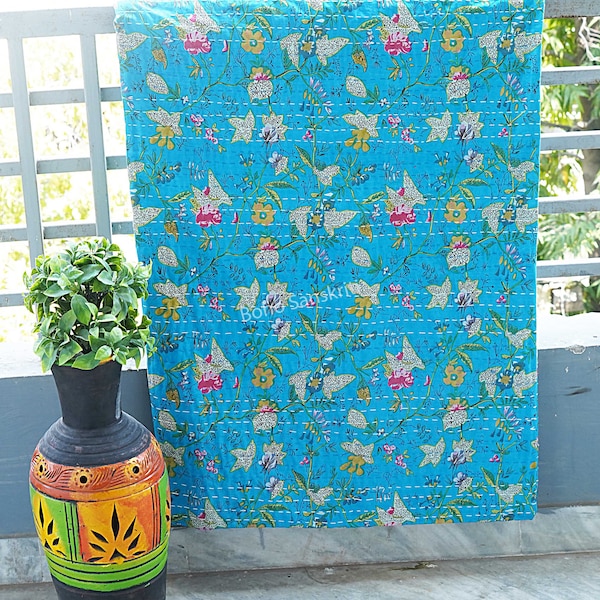 Indian Cotton Quilted Blanket Handmade Bedspread Kantha Work Bohemian Bed cover Throw Blanket