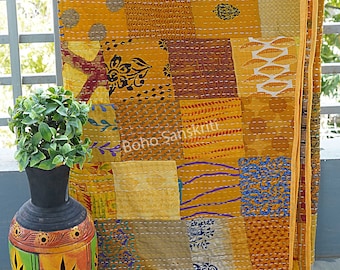 Indian Patola Silk Kantha Quilt, Handmade Vintage Blanket, Queen Size