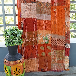 PATCHWORK KANTHA QUILT Indian Vintage Throw Blanket Silk Bedcover ...