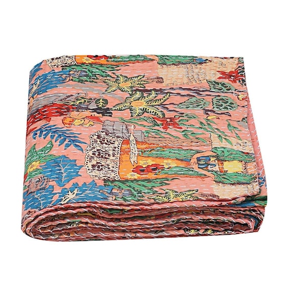 Frida Kahlo Printed Cotton Quilted Throw Blanket Handmade Bedspread Kantha Quilt 