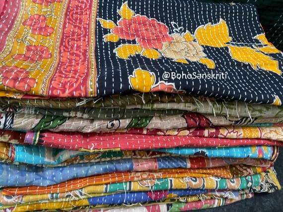 Wholesale Lot: Vintage Reversible Kantha Cotton Scarf, Handmade in