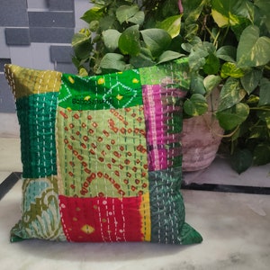 Indian decorative pillows kantha cushion cover 16x16 pillow cover cushions cover Handmade Silk Patchwork Cushions Covers Green