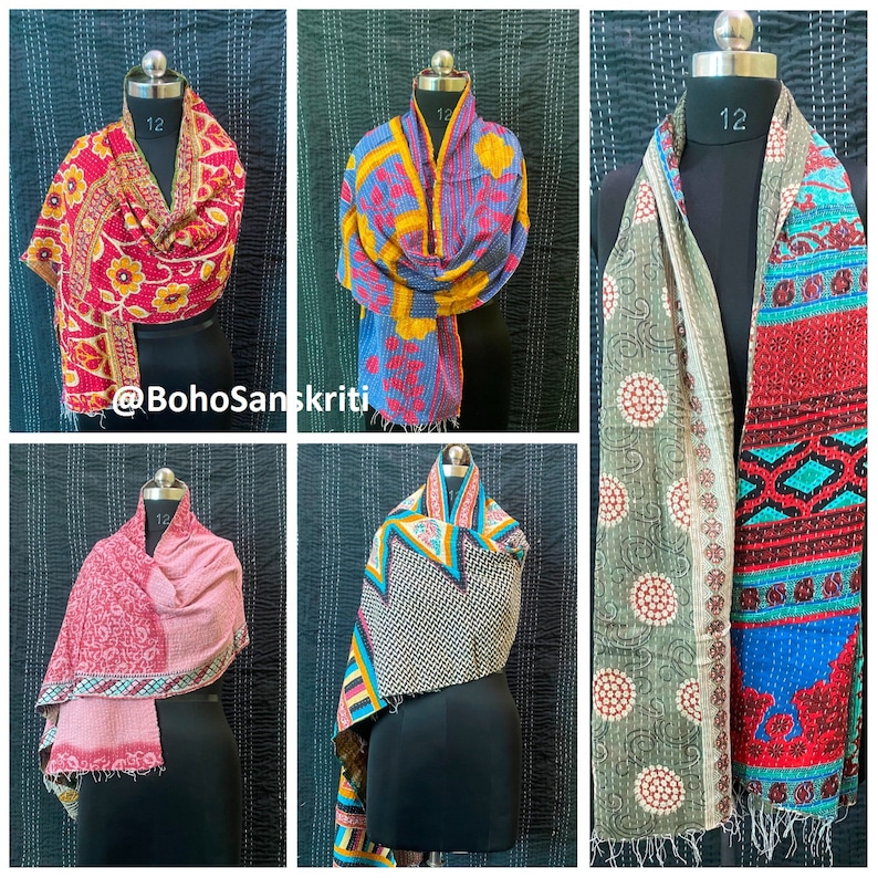 May include: Six different colourful kantha quilts, each with a unique pattern and design, are displayed on mannequins. The quilts are made from recycled saris and are perfect for adding a touch of bohemian style to any home.