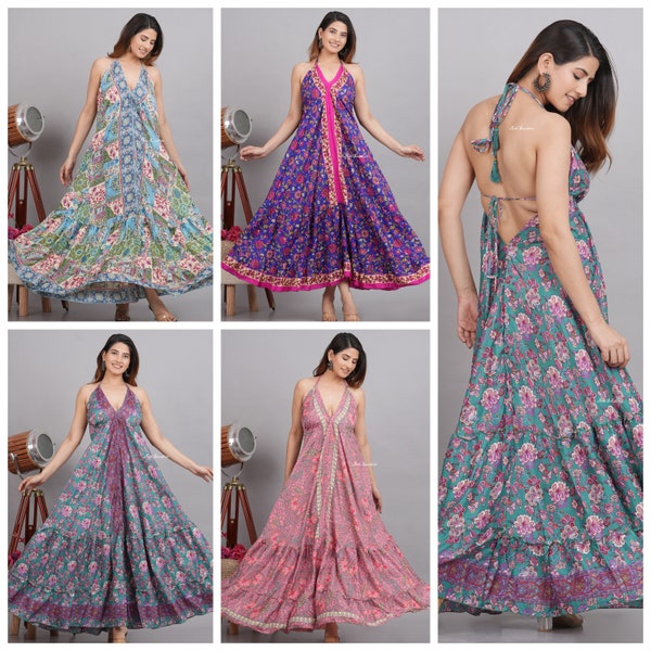 Großhandelslos Rückenfreies Kleid Indisches Vintage Handgemachtes Seidenkleid Frauen Seidenkleid Boho Boho Kleid Hippiekleid Ethnisches Kleid Maxikleid