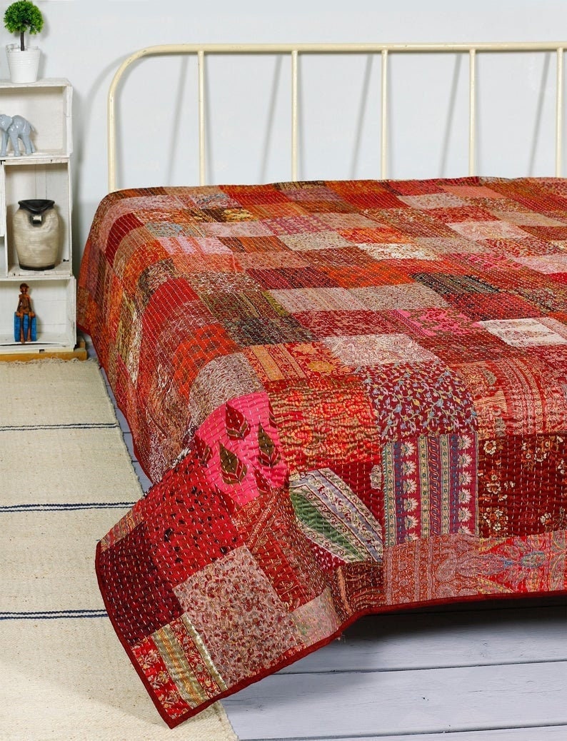Indian Handmade Silk sari Kantha Floral Quilt Throw Blanket Bedspread Vintage throw