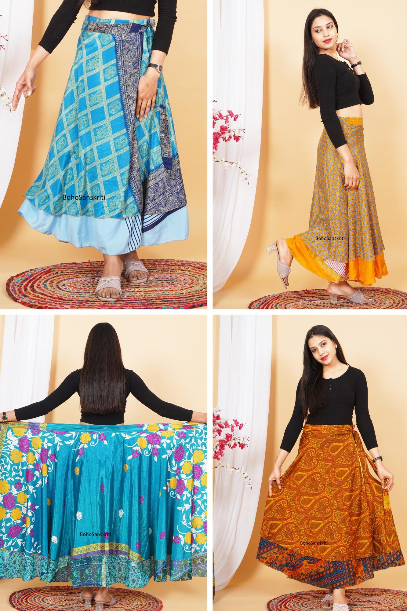 Vintage Sari Silk Wrap Skirt - Reversible Maxi Boho Hippie Skirt