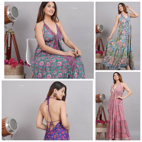 Indian Silk Dress / Casual Bohemian Halter dress / Beach Dress / boho dress / Goddess Maxi Dress / Open Back Dress / Silk Long Dress