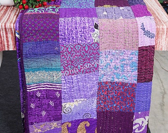 Bohemian Patchwork Kantha Quilt: Handmade Vintage Bedspread