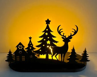 Portavelas de ciervos invernales en el bosque (archivo de corte digital) / Plantilla de escena navideña de renos para corte láser / Diseño artesanal SVG AI DXF