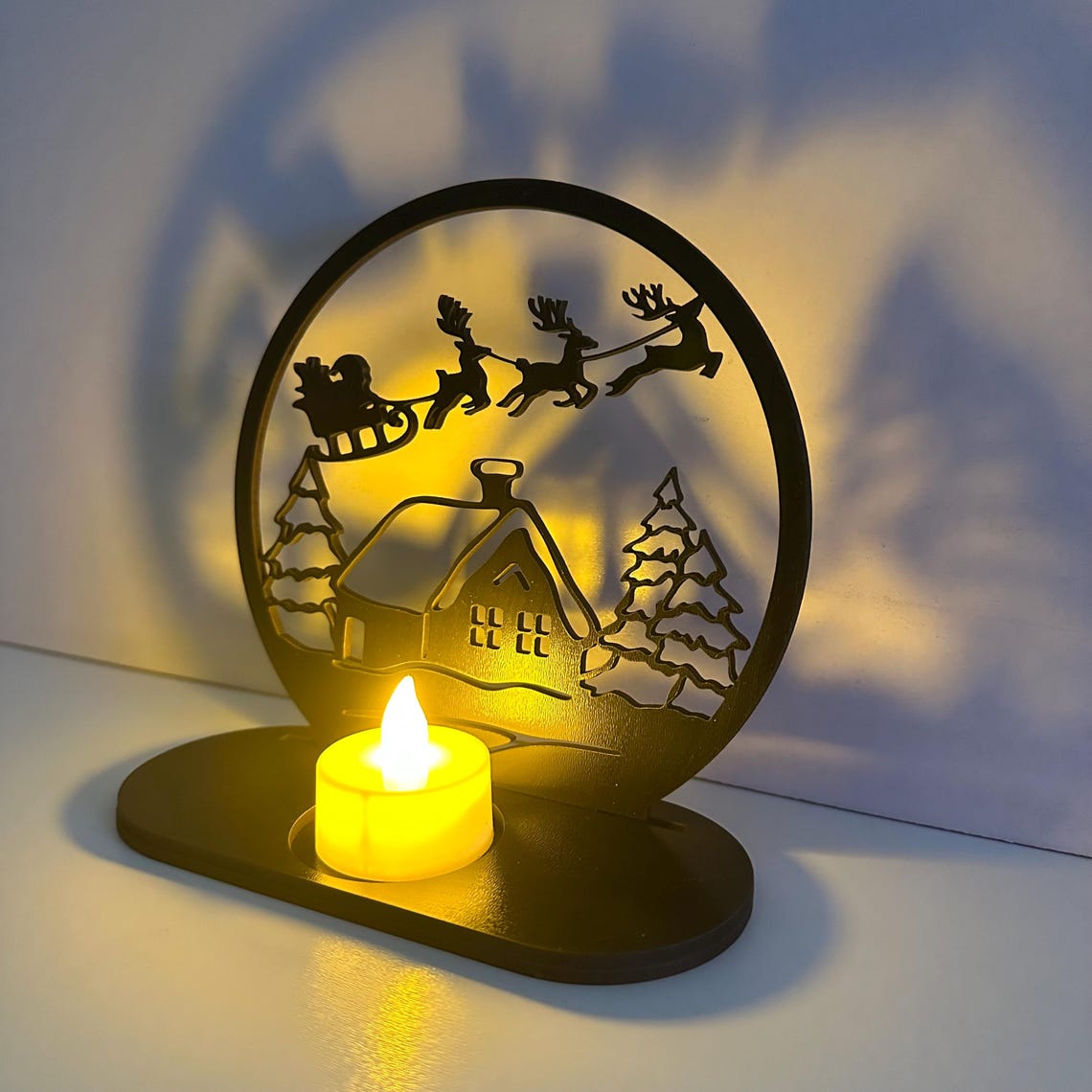 Christmas Village Candle Holder SVG, Santa Sleigh Flying Reindeer