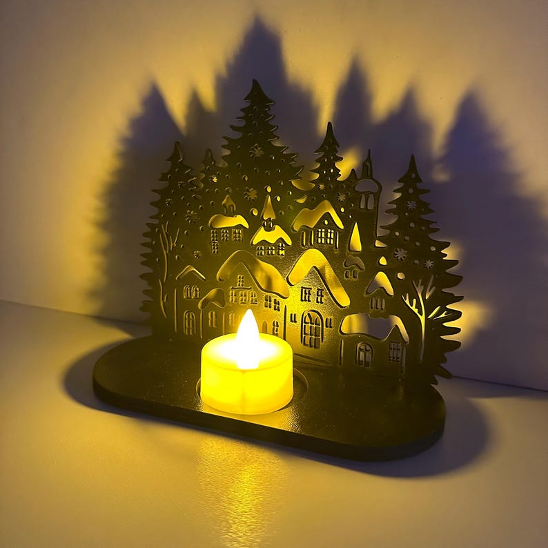 Snowy Christmas Village Candle Holder SVG, DXF, AI Winter Tealight