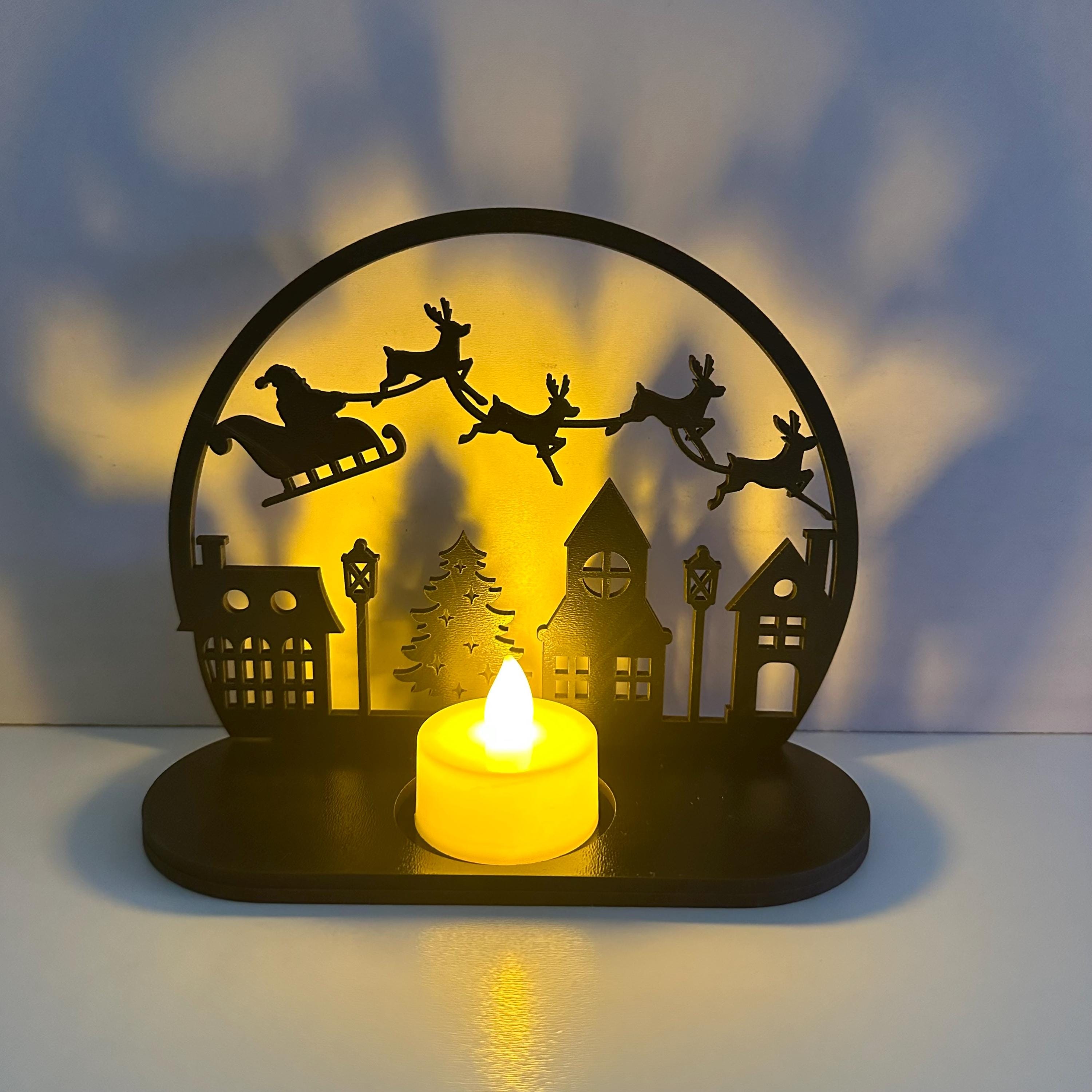 Santa Sleigh Over Village Candle Holder SVG, Christmas Lantern Laser