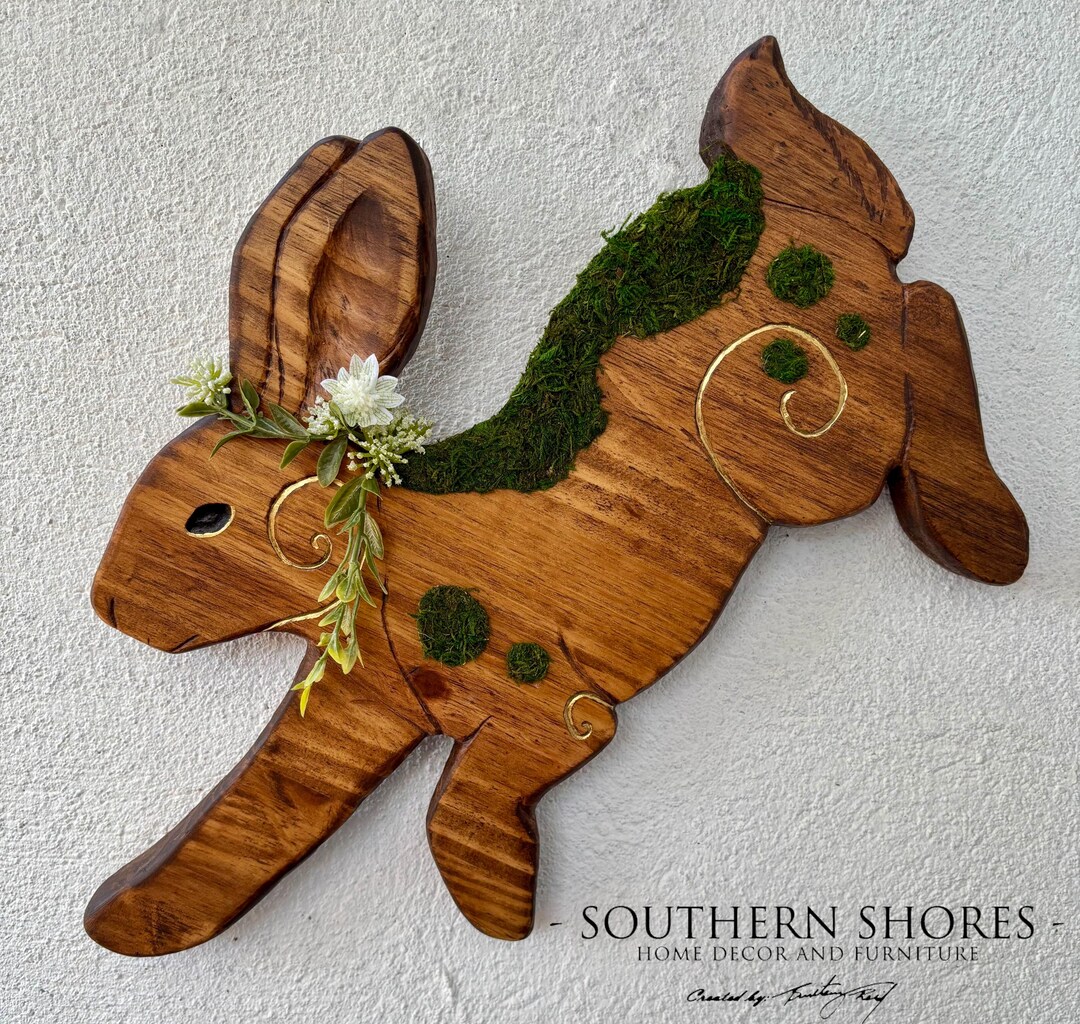Hand Carved Wooden Rabbit Wall Decor With Moss Accents - Etsy