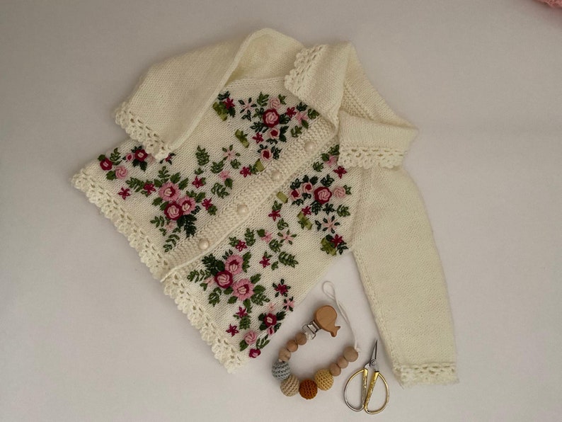 Handknit Sweater Baby Cardigan Wool Knitted Sweater with Floral Pattern Handmade Cardigan for Baby