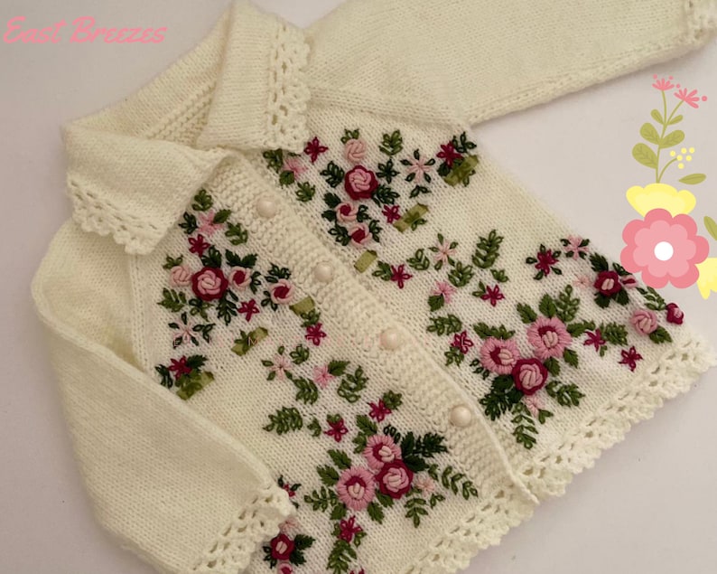 Handknit Sweater Baby Cardigan Wool Knitted Sweater with Floral Pattern Handmade Cardigan for Baby