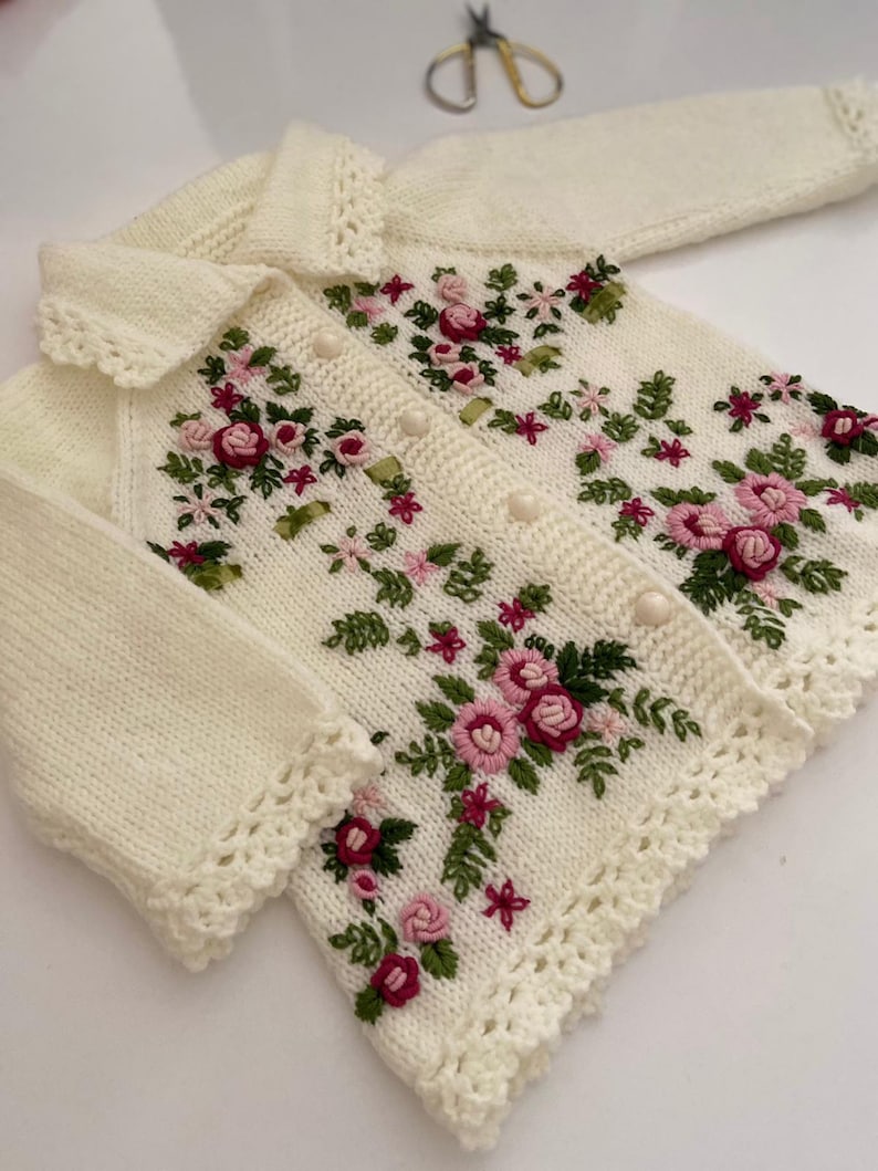 Handknit Sweater Baby Cardigan Wool Knitted Sweater with Floral Pattern Handmade Cardigan for Baby