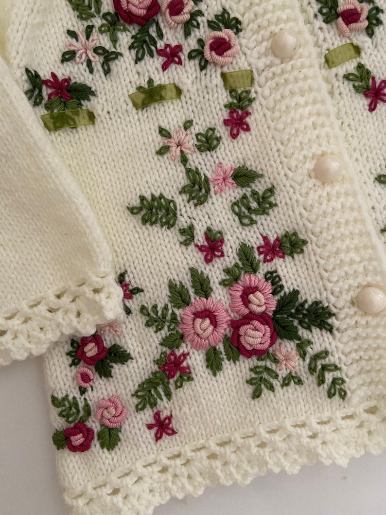 Handknit Sweater Baby Cardigan Wool Knitted Sweater with Floral Pattern Handmade Cardigan for Baby