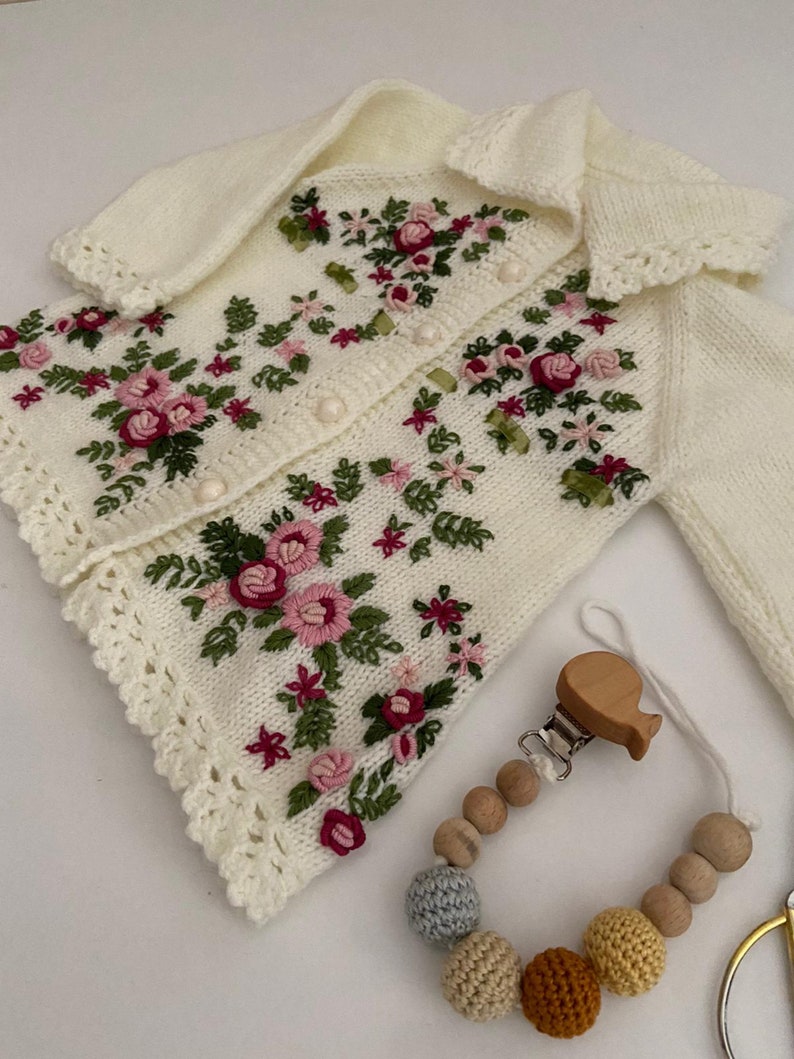 Handknit Sweater Baby Cardigan Wool Knitted Sweater with Floral Pattern Handmade Cardigan for Baby