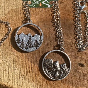 Forest Mountain Reversible Necklace - Metal stamped nature inspired, pine tree necklace, nature jewelry, gift for her, gift for him