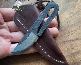 GEBO Bushcraft Knife - Hand Forged Neck Knife - High Carbon Steel with Ferro Rod Striker and Custom Leather Sheath - Fire Starting