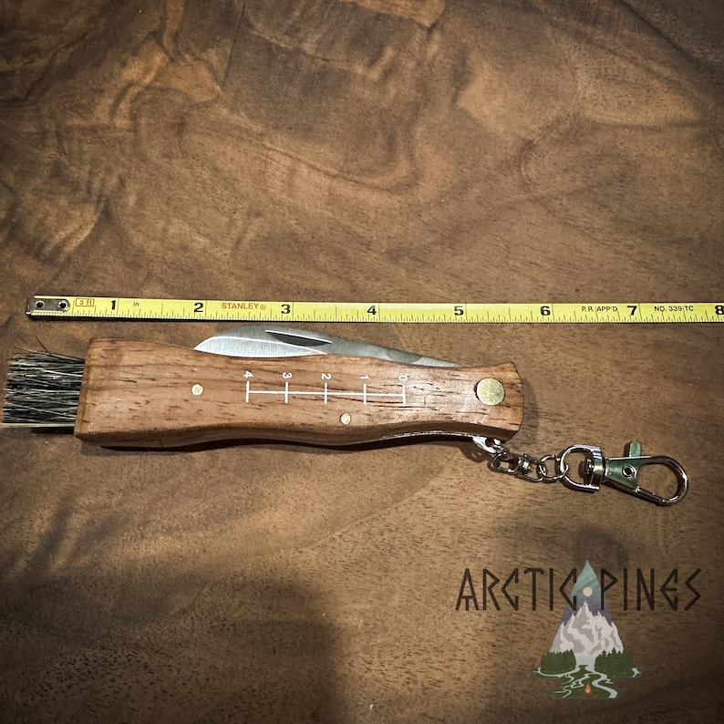 May include: A small wooden handled pocket knife with a brush on one end and a ruler on the handle. The knife is attached to a silver key chain.