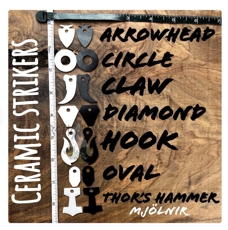 May include: Ceramic strikers in various shapes, including arrowhead, circle, claw, diamond, hook, oval, and Thor's hammer. The shapes are black and white, arranged on a wooden surface with a ruler for scale. Text on the left reads "CERAMIC STRIKERS".