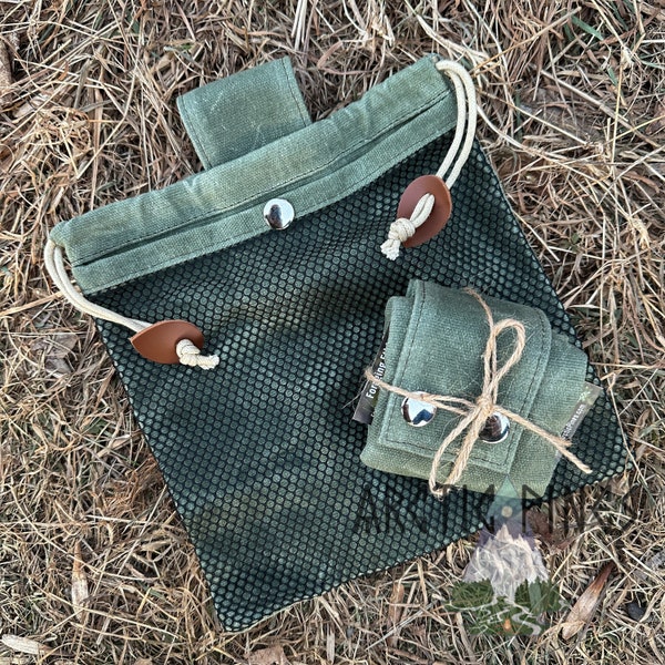 FOREST GREEN MESH Gathering / Foraging Bag - Folding Collapsable Drawstring Bushcraft Bag - Belt Pouch Belt Bag - Mushroom bag - berry bag
