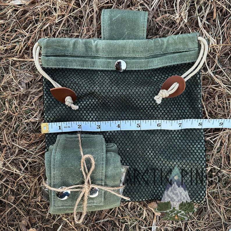 FOREST GREEN MESH Gathering / Foraging Bag Folding Collapsable Drawstring Bushcraft Bag Belt Pouch Belt Bag Mushroom bag berry bag image 8
