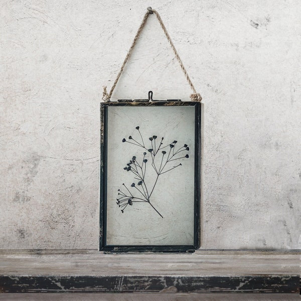 Black Dried Pressed Flowers In Glass Hanging Frame, Pressed Flower Frame, Housewarming Gift, Unique Home Decor, Special Herbarium Gift