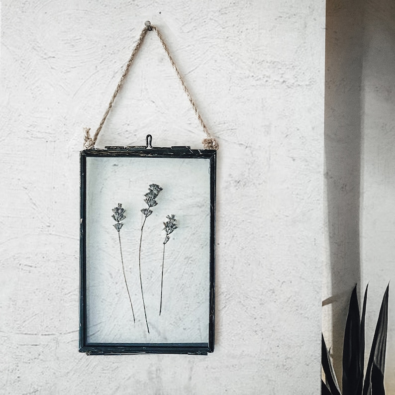 May include: A black picture frame with a rope hanger, hanging on a white wall. The frame contains dried flowers.