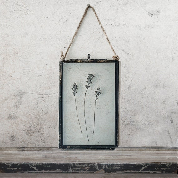 Dried Lavender In Glass Hanging Frame, Pressed Flower Frame, Rustic Picture Frame, Framed Dried Flowers, Herbarium, Housewarming Gift