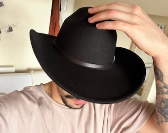 Handgefertigter Schwarzer Fedora: Unisex Western Cowboy Hut, Breite Krempe