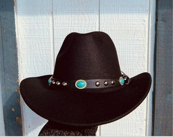 Handcrafted Black Felt Fedora: Unisex Cowboy Hat with Emerald Accent