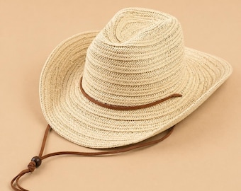 Handmade Straw Cowboy Style Hat | Wide Brim Sun Hat | Unisex Beach Travel Hat | Beige Khaki