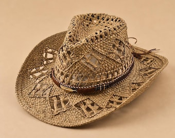 Handmade Straw Cowboy Hat for Women and Men, Boho Beach Sun Hat, Woven Panama-style Hat, Western Style Vacation Summer Hat