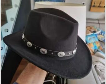Handgefertigter Schwarzer Cowgirl Fedora: Boho Festival Hut mit breiter Krempe