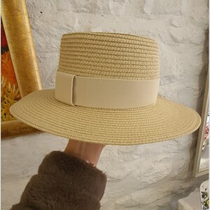 Ladies Straw Sun Hat: Flat Brim Beach Cap
