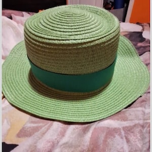 Green Straw Sun Hat: Ribbon-Trimmed Flat Brim Summer Cap