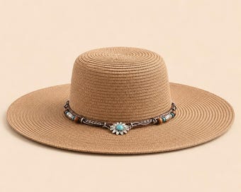 Cappello da sole da donna a tesa larga in paglia / Cappello da spiaggia per viaggi / Cappello estivo leggero / Cappello da sole boho per vacanze da donna