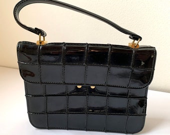 Vintage black VERDI EVENING HANDBAG with Bakelite Ring Handle and Amber Glass Decorative Buckle