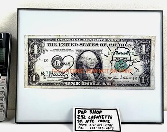 Keith Haring, billete de dólar con tarjeta de presentación de tienda pop